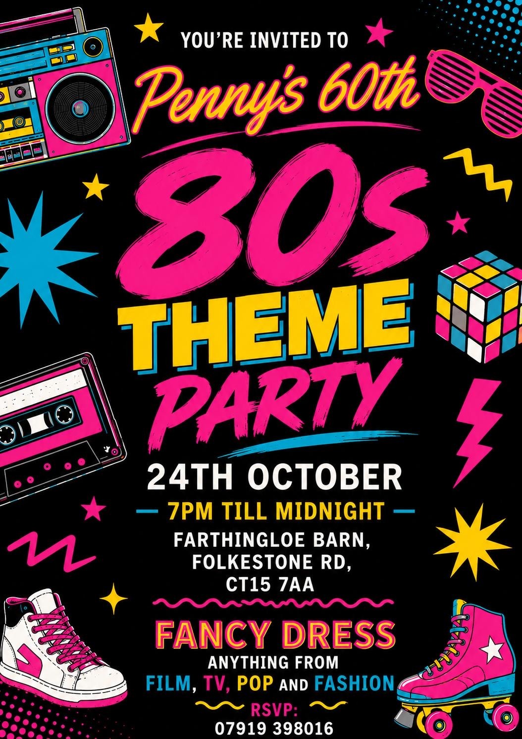 Original neon invitation; full party details are written alongside